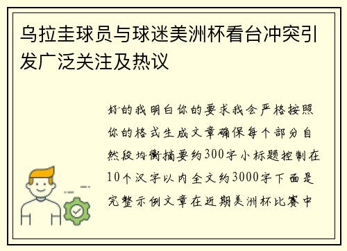 乌拉圭球员与球迷美洲杯看台冲突引发广泛关注及热议